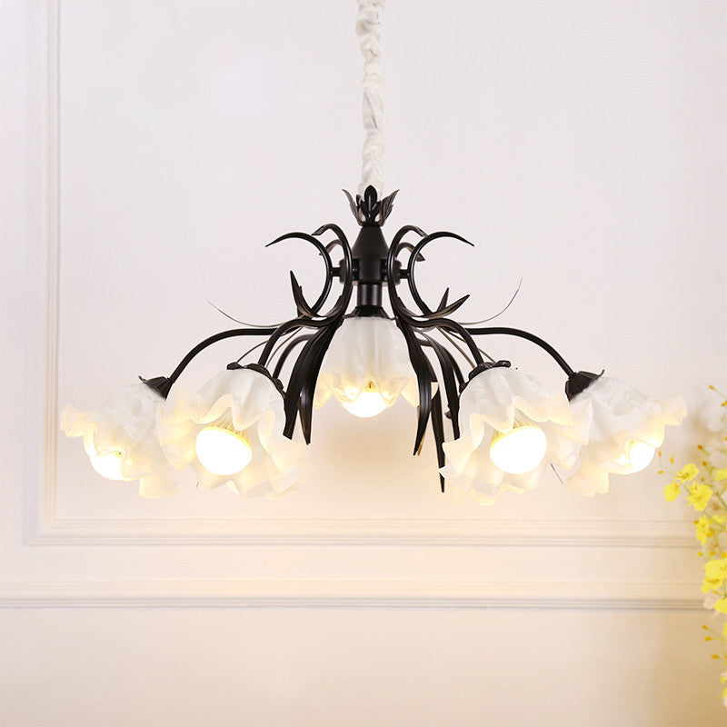 Pastoral Style Floral Chandelier Pendant Light Cream Glass Hanging Light for Dining Room 7 Black Clearhalo 'Ceiling Lights' 'Chandeliers' 'Glass shade' 'Glass' Lighting' 2092454