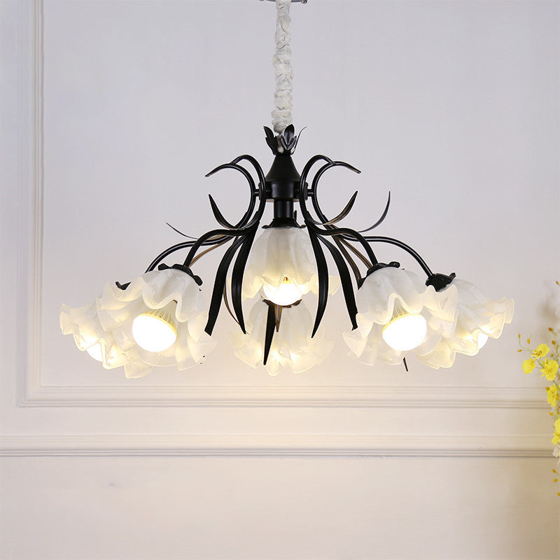 Pastoral Style Floral Chandelier Pendant Light Cream Glass Hanging Light for Dining Room 6 Black Clearhalo 'Ceiling Lights' 'Chandeliers' 'Glass shade' 'Glass' Lighting' 2092455