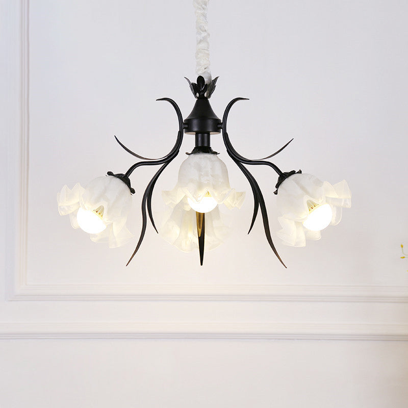 Pastoral Style Floral Chandelier Pendant Light Cream Glass Hanging Light for Dining Room 4 Black Clearhalo 'Ceiling Lights' 'Chandeliers' 'Glass shade' 'Glass' Lighting' 2092456