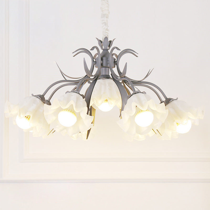 Pastoral Style Floral Chandelier Pendant Light Cream Glass Hanging Light for Dining Room 9 Grey Clearhalo 'Ceiling Lights' 'Chandeliers' 'Glass shade' 'Glass' Lighting' 2092457