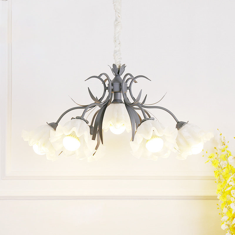 Pastoral Style Floral Chandelier Pendant Light Cream Glass Hanging Light for Dining Room 7 Grey Clearhalo 'Ceiling Lights' 'Chandeliers' 'Glass shade' 'Glass' Lighting' 2092458