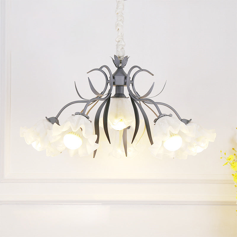 Pastoral Style Floral Chandelier Pendant Light Cream Glass Hanging Light for Dining Room 6 Grey Clearhalo 'Ceiling Lights' 'Chandeliers' 'Glass shade' 'Glass' Lighting' 2092459