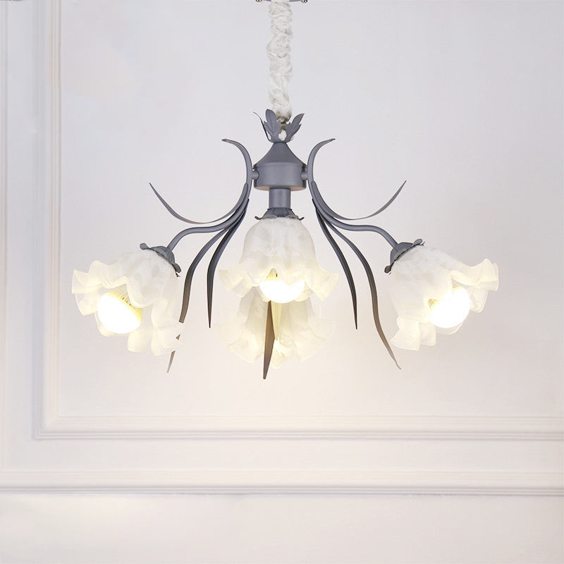 Pastoral Style Floral Chandelier Pendant Light Cream Glass Hanging Light for Dining Room 4 Grey Clearhalo 'Ceiling Lights' 'Chandeliers' 'Glass shade' 'Glass' Lighting' 2092460