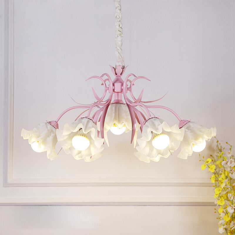 Pastoral Style Floral Chandelier Pendant Light Cream Glass Hanging Light for Dining Room 9 Pink Clearhalo 'Ceiling Lights' 'Chandeliers' 'Glass shade' 'Glass' Lighting' 2092461