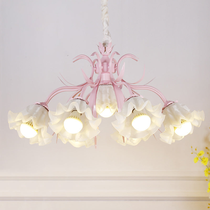 Pastoral Style Floral Chandelier Pendant Light Cream Glass Hanging Light for Dining Room 7 Pink Clearhalo 'Ceiling Lights' 'Chandeliers' 'Glass shade' 'Glass' Lighting' 2092462