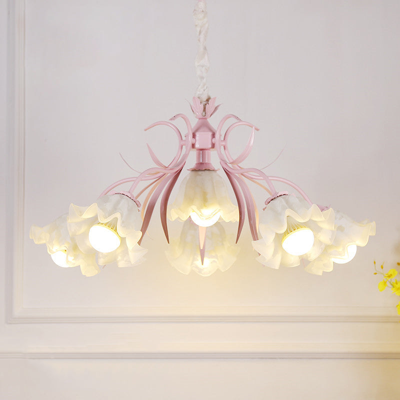Pastoral Style Floral Chandelier Pendant Light Cream Glass Hanging Light for Dining Room Pink Clearhalo 'Ceiling Lights' 'Chandeliers' 'Glass shade' 'Glass' Lighting' 2092463