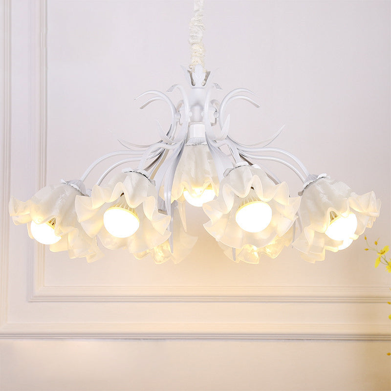 Pastoral Style Floral Chandelier Pendant Light Cream Glass Hanging Light for Dining Room 9 White Clearhalo 'Ceiling Lights' 'Chandeliers' 'Glass shade' 'Glass' Lighting' 2092464
