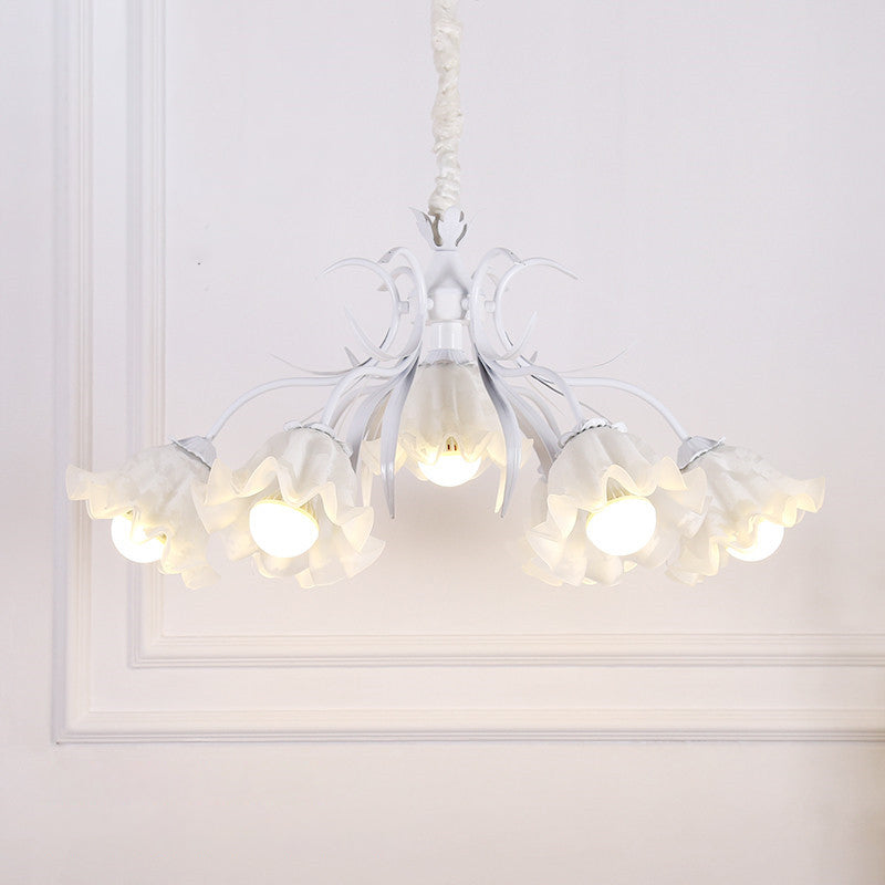 Pastoral Style Floral Chandelier Pendant Light Cream Glass Hanging Light for Dining Room 7 White Clearhalo 'Ceiling Lights' 'Chandeliers' 'Glass shade' 'Glass' Lighting' 2092465