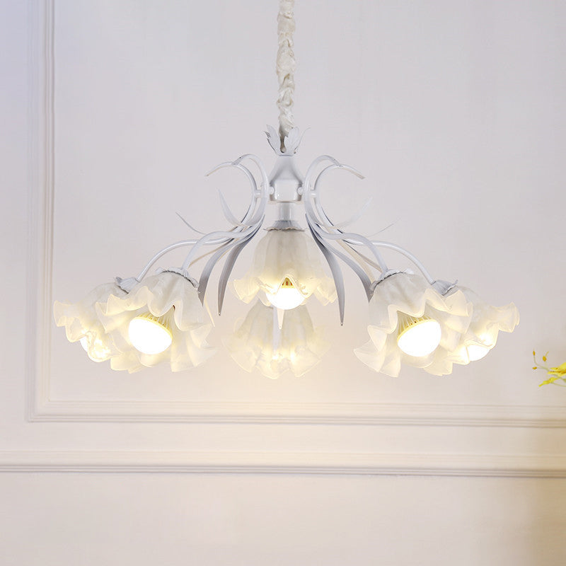 Pastoral Style Floral Chandelier Pendant Light Cream Glass Hanging Light for Dining Room 6 White Clearhalo 'Ceiling Lights' 'Chandeliers' 'Glass shade' 'Glass' Lighting' 2092466