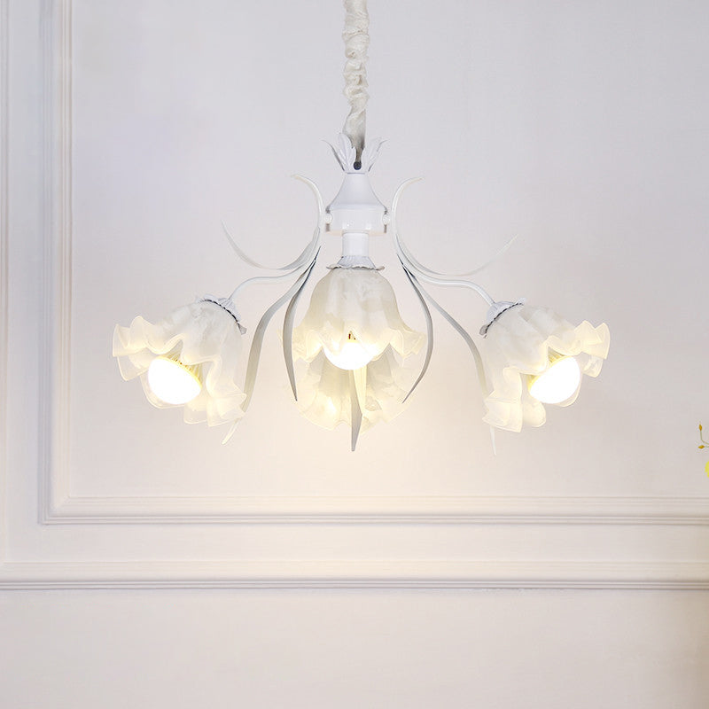 Pastoral Style Floral Chandelier Pendant Light Cream Glass Hanging Light for Dining Room 4 White Clearhalo 'Ceiling Lights' 'Chandeliers' 'Glass shade' 'Glass' Lighting' 2092467
