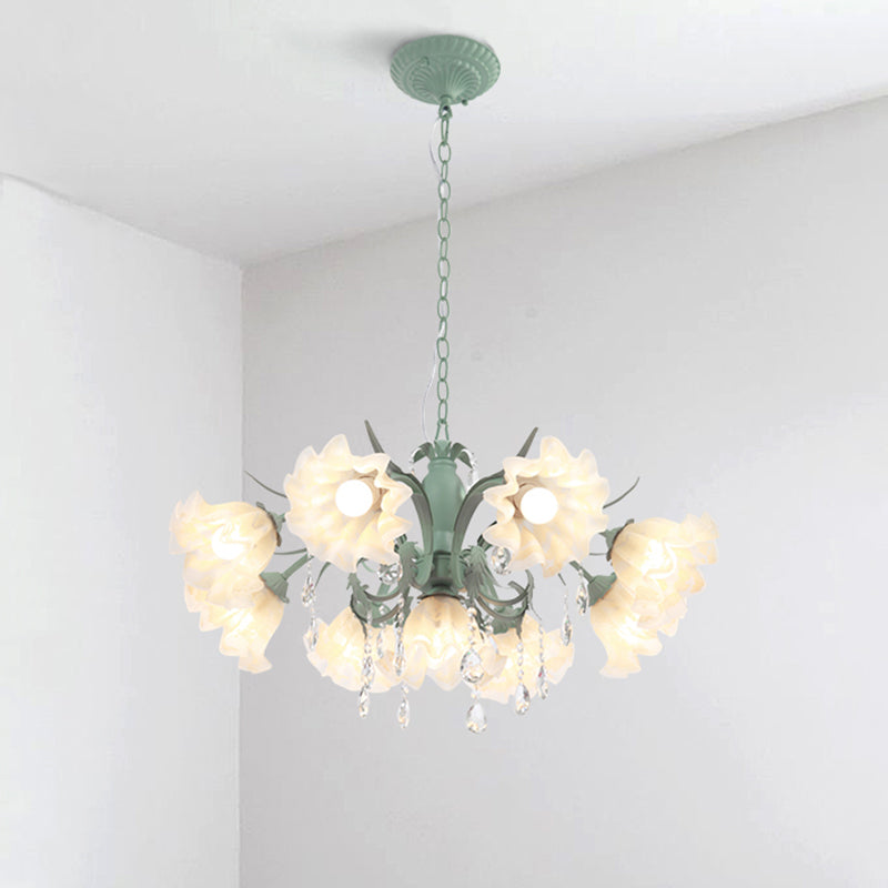 Ruffle Frost Glass Chandelier Light Korean Garden Dining Room Pendant Light Fixture 9 Green Clearhalo 'Ceiling Lights' 'Chandeliers' 'Glass shade' 'Glass' Lighting' 2092469