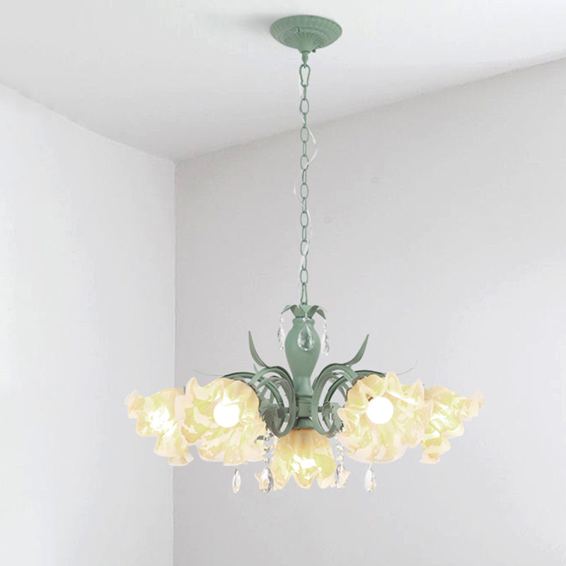 Ruffle Frost Glass Chandelier Light Korean Garden Dining Room Pendant Light Fixture Clearhalo 'Ceiling Lights' 'Chandeliers' 'Glass shade' 'Glass' Lighting' 2092471