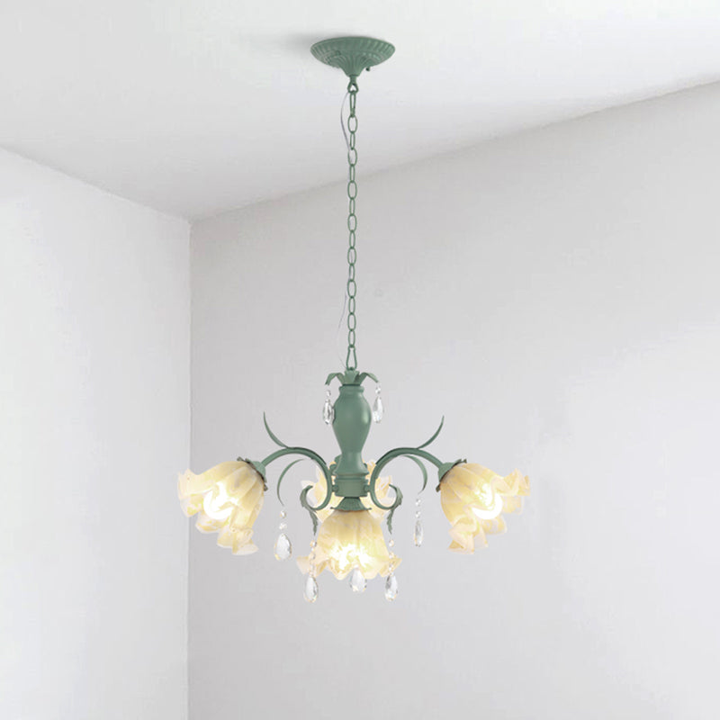 Ruffle Frost Glass Chandelier Light Korean Garden Dining Room Pendant Light Fixture 4 Green Clearhalo 'Ceiling Lights' 'Chandeliers' 'Glass shade' 'Glass' Lighting' 2092472