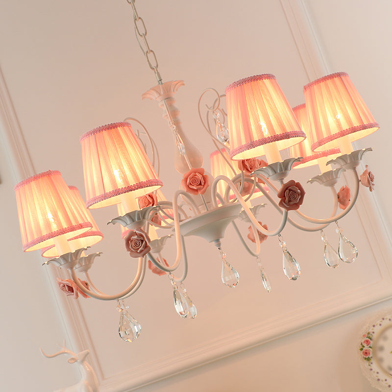 Fabric Pleated Empire Shade Suspension Light Pastoral Bedroom Chandelier Light with Rose and Crystal Draping Clearhalo 'Ceiling Lights' 'Chandeliers' Lighting' options 2092473