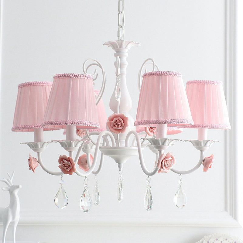 Fabric Pleated Empire Shade Suspension Light Pastoral Bedroom Chandelier Light with Rose and Crystal Draping Clearhalo 'Ceiling Lights' 'Chandeliers' Lighting' options 2092474