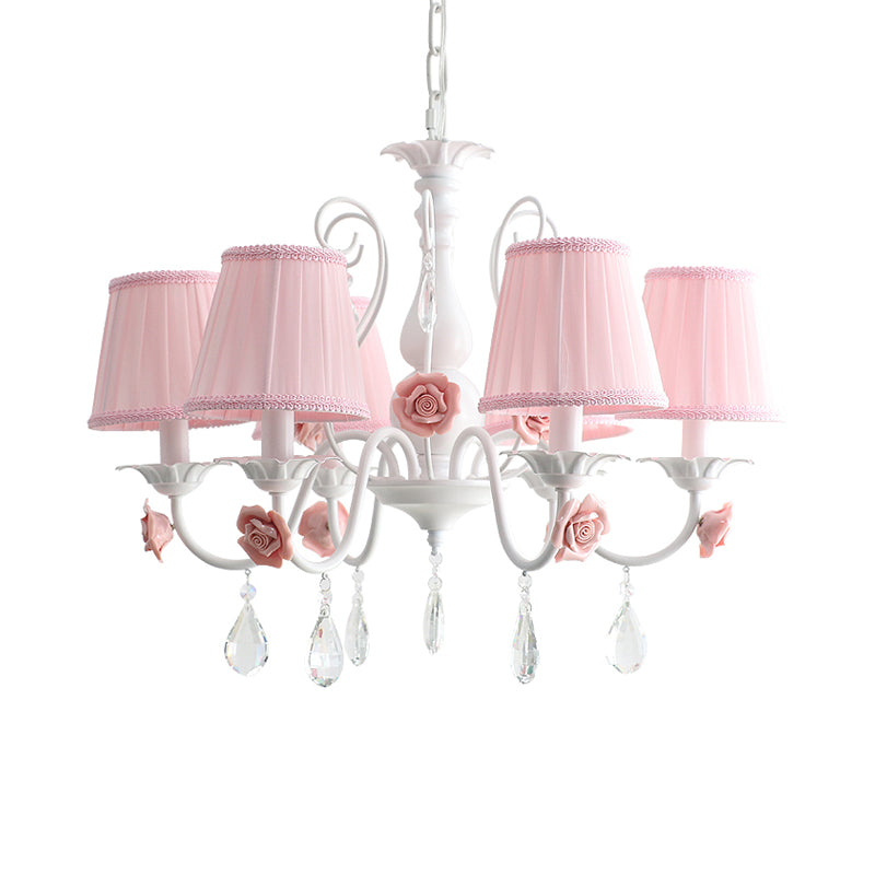 Fabric Pleated Empire Shade Suspension Light Pastoral Bedroom Chandelier Light with Rose and Crystal Draping Clearhalo 'Ceiling Lights' 'Chandeliers' Lighting' options 2092475