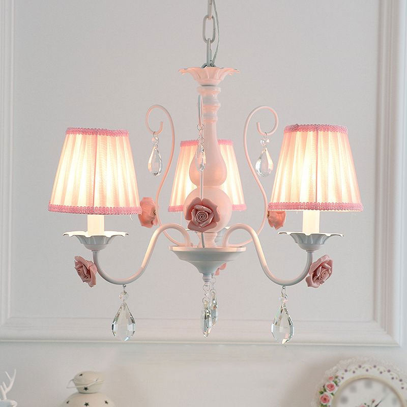 Fabric Pleated Empire Shade Suspension Light Pastoral Bedroom Chandelier Light with Rose and Crystal Draping Clearhalo 'Ceiling Lights' 'Chandeliers' Lighting' options 2092476