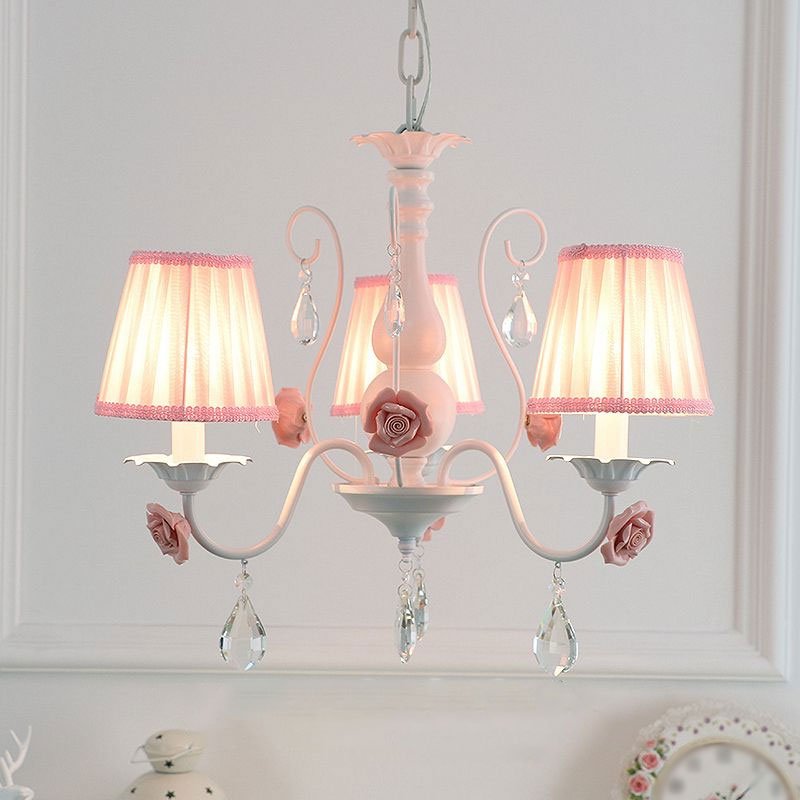 Fabric Pleated Empire Shade Suspension Light Pastoral Bedroom Chandelier Light with Rose and Crystal Draping 3 Pink Clearhalo 'Ceiling Lights' 'Chandeliers' Lighting' options 2092476_44b73a39-d580-4049-991e-07cbd29a9137