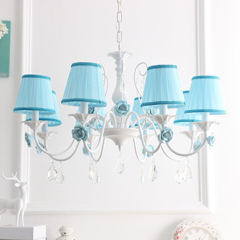 Fabric Pleated Empire Shade Suspension Light Pastoral Bedroom Chandelier Light with Rose and Crystal Draping 8 Blue Clearhalo 'Ceiling Lights' 'Chandeliers' Lighting' options 2092477_09723e05-9bcd-45e3-bd94-9c5e2acc8c32