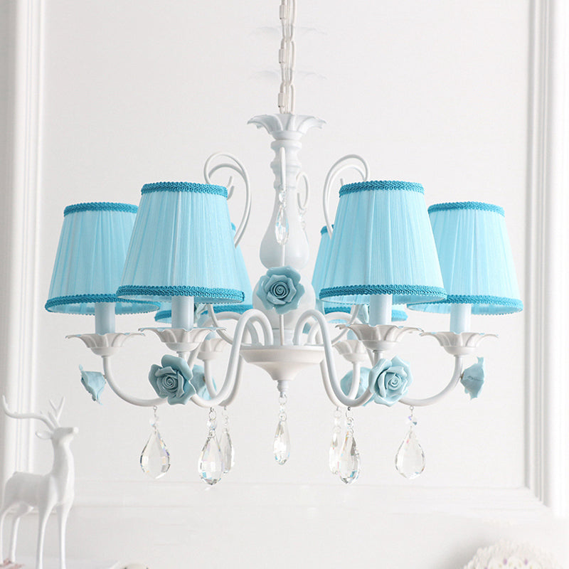 Fabric Pleated Empire Shade Suspension Light Pastoral Bedroom Chandelier Light with Rose and Crystal Draping 6 Blue Clearhalo 'Ceiling Lights' 'Chandeliers' Lighting' options 2092479_31097bba-9a9f-4621-beef-448cbbed2abd