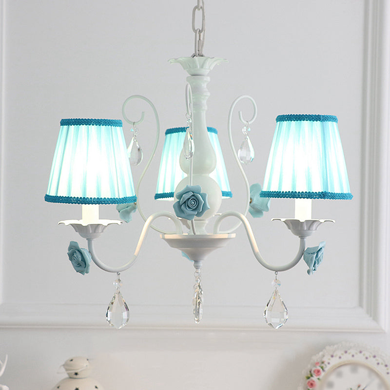 Fabric Pleated Empire Shade Suspension Light Pastoral Bedroom Chandelier Light with Rose and Crystal Draping 3 Blue Clearhalo 'Ceiling Lights' 'Chandeliers' Lighting' options 2092480_fa49982b-f5fd-4f0d-8349-2a3b8efbcb45