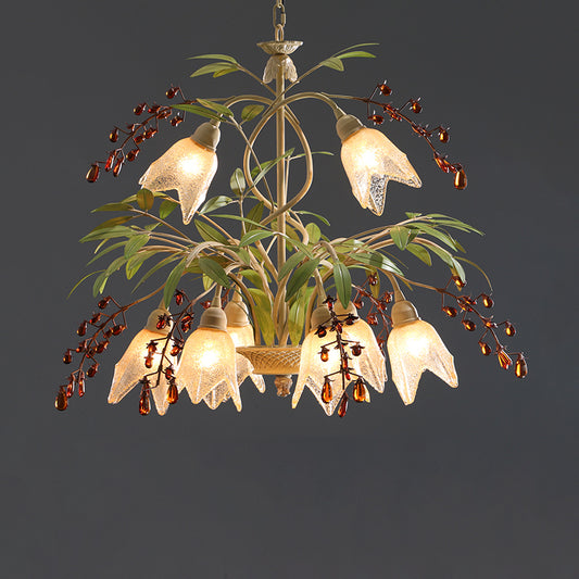 Green Flower Chandelier Lighting Pastoral Frost Glass Living Room Pendant Light with Decorative Crystal 8 Green Clearhalo 'Ceiling Lights' 'Chandeliers' 'Glass shade' 'Glass' 'Pendant Lights' Lighting' 2092481