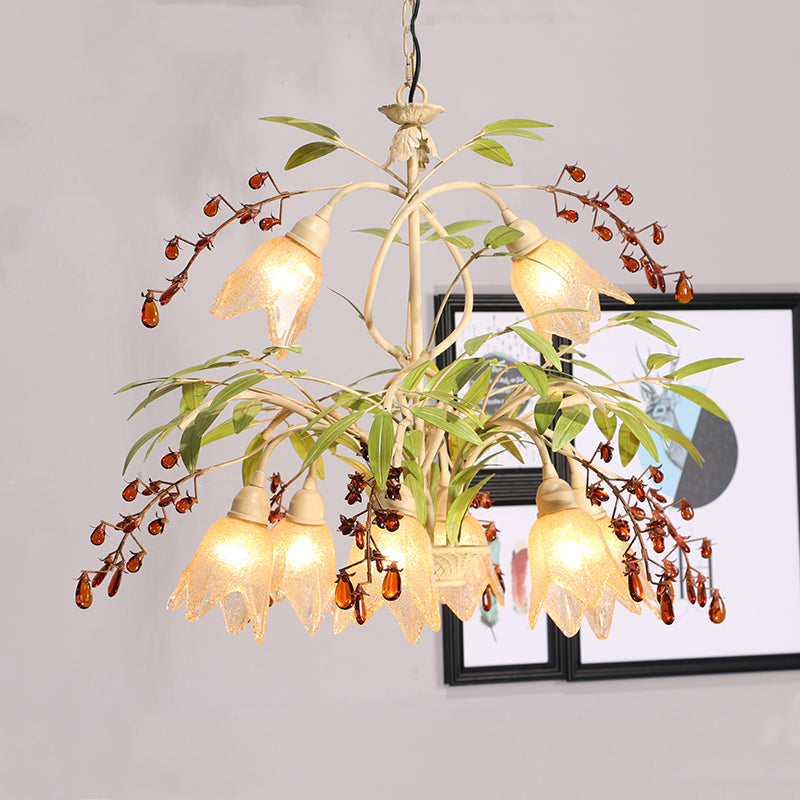 Green Flower Chandelier Lighting Pastoral Frost Glass Living Room Pendant Light with Decorative Crystal Clearhalo 'Ceiling Lights' 'Chandeliers' 'Glass shade' 'Glass' 'Pendant Lights' Lighting' 2092482