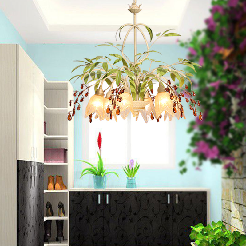 Green Flower Chandelier Lighting Pastoral Frost Glass Living Room Pendant Light with Decorative Crystal 6 Green Clearhalo 'Ceiling Lights' 'Chandeliers' 'Glass shade' 'Glass' 'Pendant Lights' Lighting' 2092484