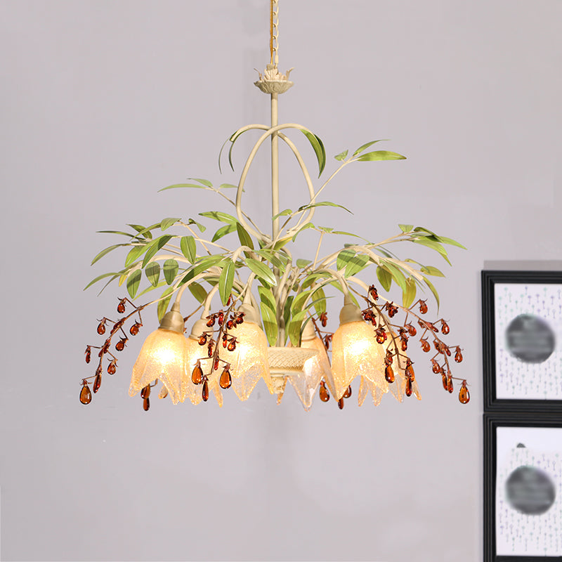 Green Flower Chandelier Lighting Pastoral Frost Glass Living Room Pendant Light with Decorative Crystal Clearhalo 'Ceiling Lights' 'Chandeliers' 'Glass shade' 'Glass' 'Pendant Lights' Lighting' 2092485