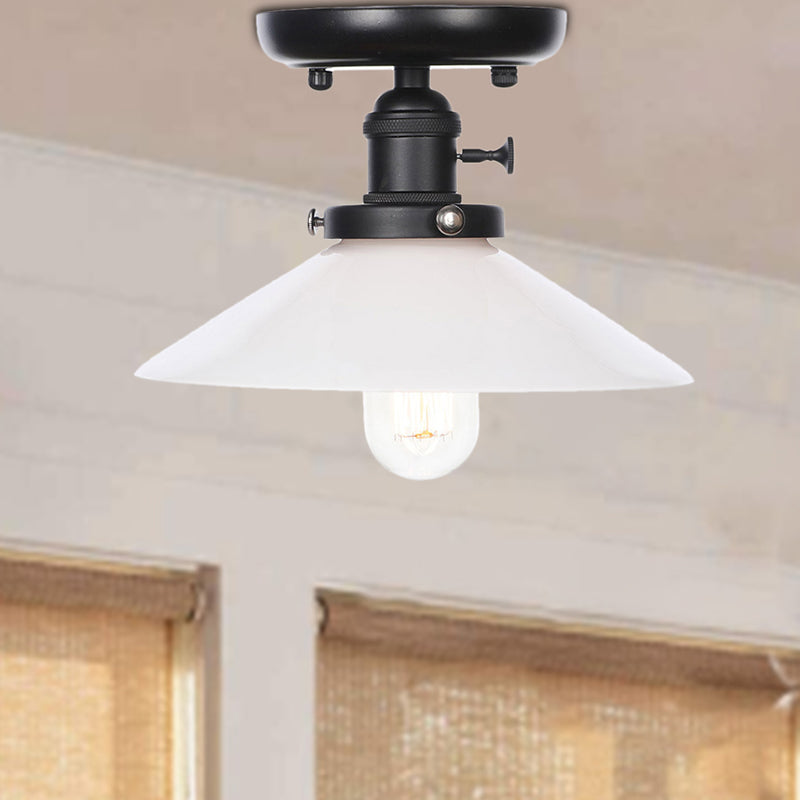 1 Light Ceiling Light Fixture with Cone/Saucer Metal Shade Industrial Dining Room Semi Flush in Clear/White Clearhalo 'Ceiling Lights' 'Close To Ceiling Lights' 'Close to ceiling' 'Semi-flushmount' Lighting' 209257