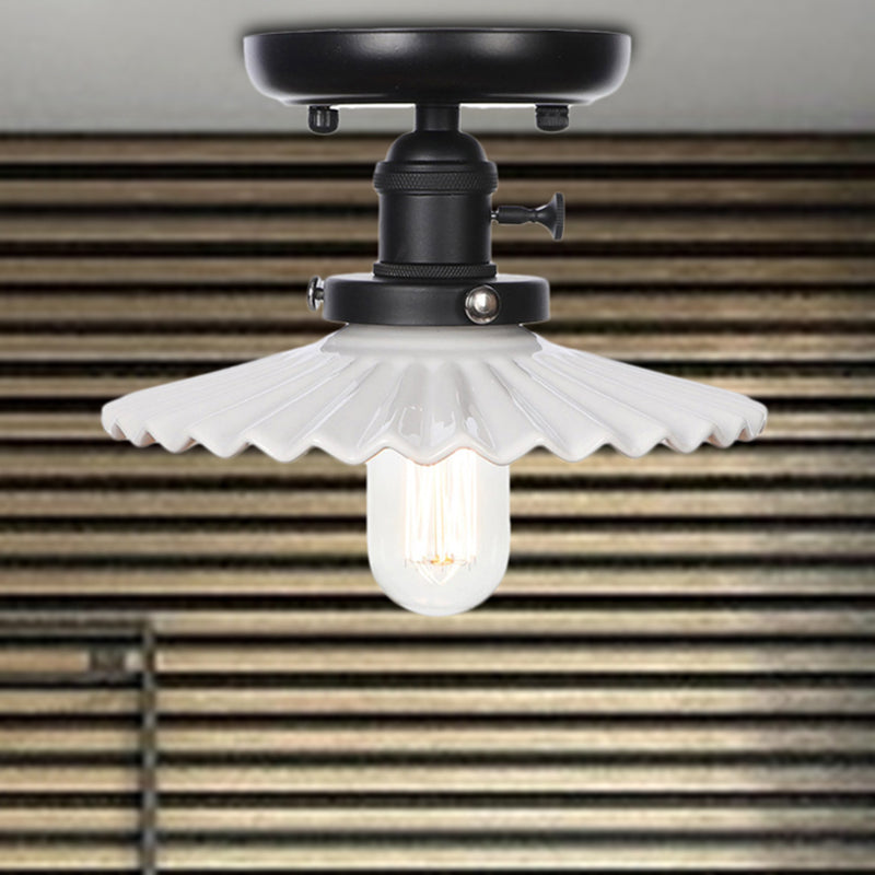 1 Light Ceiling Light Fixture with Cone/Saucer Metal Shade Industrial Dining Room Semi Flush in Clear/White White Saucer Clearhalo 'Ceiling Lights' 'Close To Ceiling Lights' 'Close to ceiling' 'Semi-flushmount' Lighting' 209260