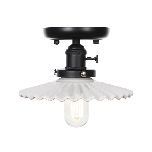 1 Light Ceiling Light Fixture with Cone/Saucer Metal Shade Industrial Dining Room Semi Flush in Clear/White Clearhalo 'Ceiling Lights' 'Close To Ceiling Lights' 'Close to ceiling' 'Semi-flushmount' Lighting' 209261