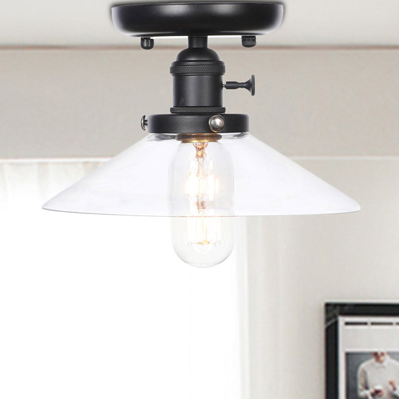 1 Light Ceiling Light Fixture with Cone/Saucer Metal Shade Industrial Dining Room Semi Flush in Clear/White Clear Cone Clearhalo 'Ceiling Lights' 'Close To Ceiling Lights' 'Close to ceiling' 'Semi-flushmount' Lighting' 209263