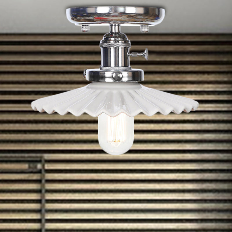 1 Light Ceiling Light Fixture with Cone/Saucer Shade Opal/Clear Glass Industrial Living Room Semi Flush White Saucer Clearhalo 'Ceiling Lights' 'Close To Ceiling Lights' 'Close to ceiling' 'Glass shade' 'Glass' 'Semi-flushmount' Lighting' 209282