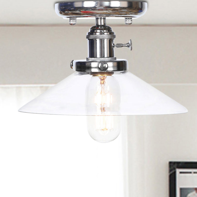 1 Light Ceiling Light Fixture with Cone/Saucer Shade Opal/Clear Glass Industrial Living Room Semi Flush Clear Cone Clearhalo 'Ceiling Lights' 'Close To Ceiling Lights' 'Close to ceiling' 'Glass shade' 'Glass' 'Semi-flushmount' Lighting' 209289