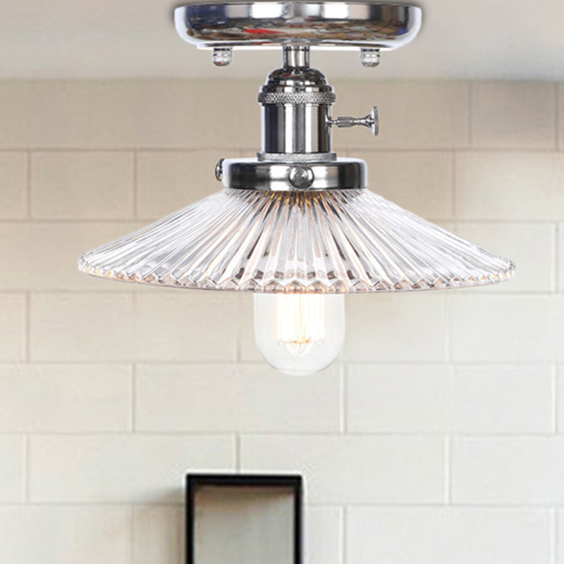 1 Light Ceiling Light Fixture with Cone/Saucer Shade Opal/Clear Glass Industrial Living Room Semi Flush Clear Saucer Clearhalo 'Ceiling Lights' 'Close To Ceiling Lights' 'Close to ceiling' 'Glass shade' 'Glass' 'Semi-flushmount' Lighting' 209292