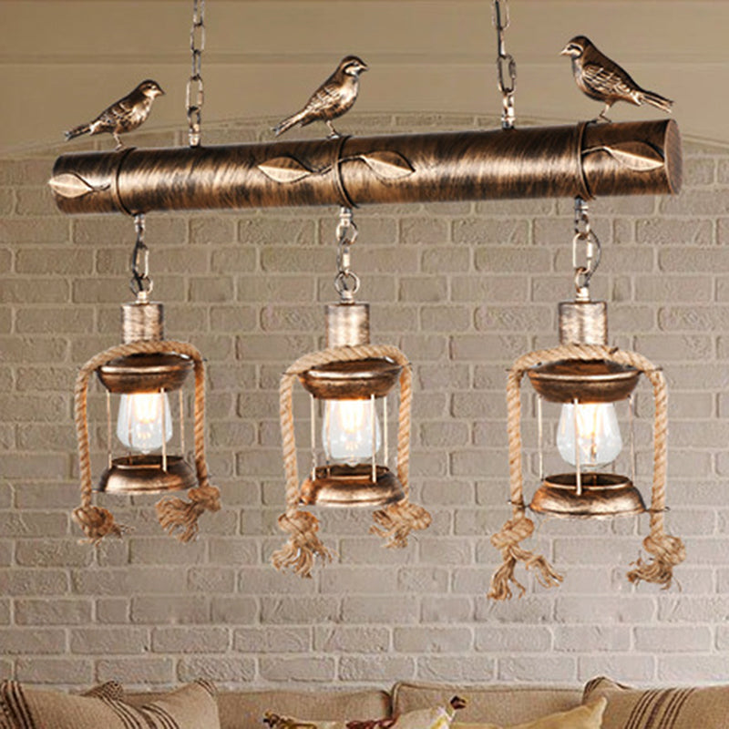 Metal Caged Island Pendant Light Coastal Style 3 Light Kitchen Hanging Lamp in Bronze/Weathered Copper with Bird Bronze Clearhalo 'Ceiling Lights' 'Island Lights' Lighting' 209298