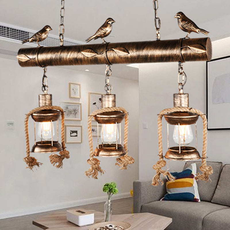 Metal Caged Island Pendant Light Coastal Style 3 Light Kitchen Hanging Lamp in Bronze/Weathered Copper with Bird Clearhalo 'Ceiling Lights' 'Island Lights' Lighting' 209299