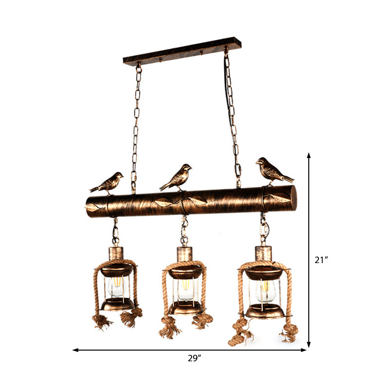 Metal Caged Island Pendant Light Coastal Style 3 Light Kitchen Hanging Lamp in Bronze/Weathered Copper with Bird Clearhalo 'Ceiling Lights' 'Island Lights' Lighting' 209301