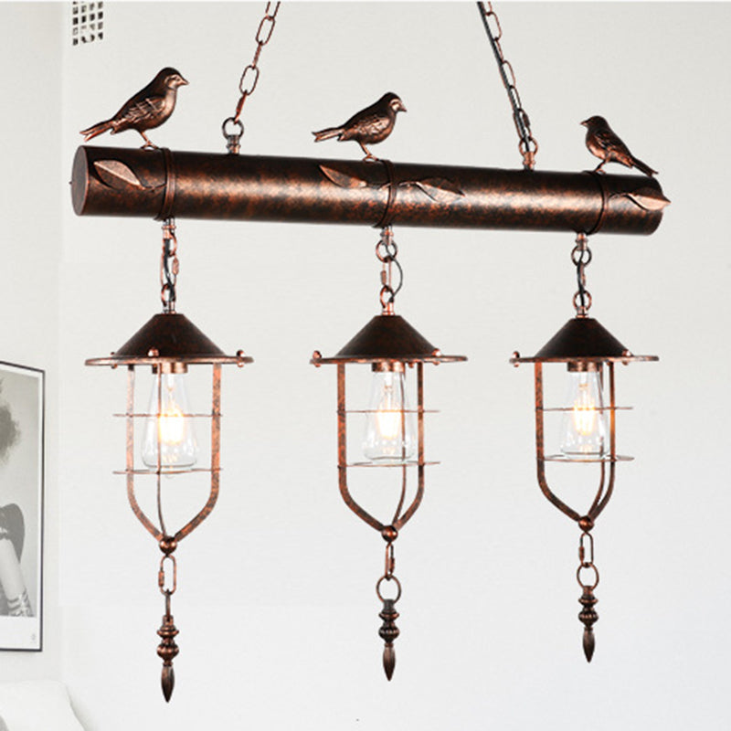 Metal Caged Island Pendant Light Coastal Style 3 Light Kitchen Hanging Lamp in Bronze/Weathered Copper with Bird Weathered Copper Clearhalo 'Ceiling Lights' 'Island Lights' Lighting' 209302