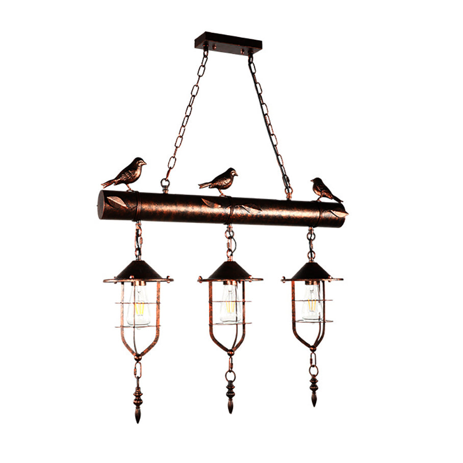 Metal Caged Island Pendant Light Coastal Style 3 Light Kitchen Hanging Lamp in Bronze/Weathered Copper with Bird Clearhalo 'Ceiling Lights' 'Island Lights' Lighting' 209304