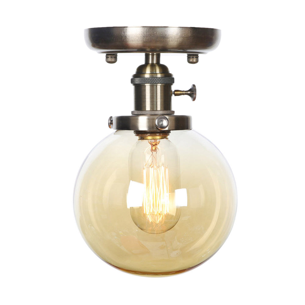 1 Light Globe/Round Semi Flush Light Industrial Bronze Clear/Amber Glass Lighting Fixture for Indoor Clearhalo 'Ceiling Lights' 'Close To Ceiling Lights' 'Close to ceiling' 'Glass shade' 'Glass' 'Semi-flushmount' Lighting' 209368