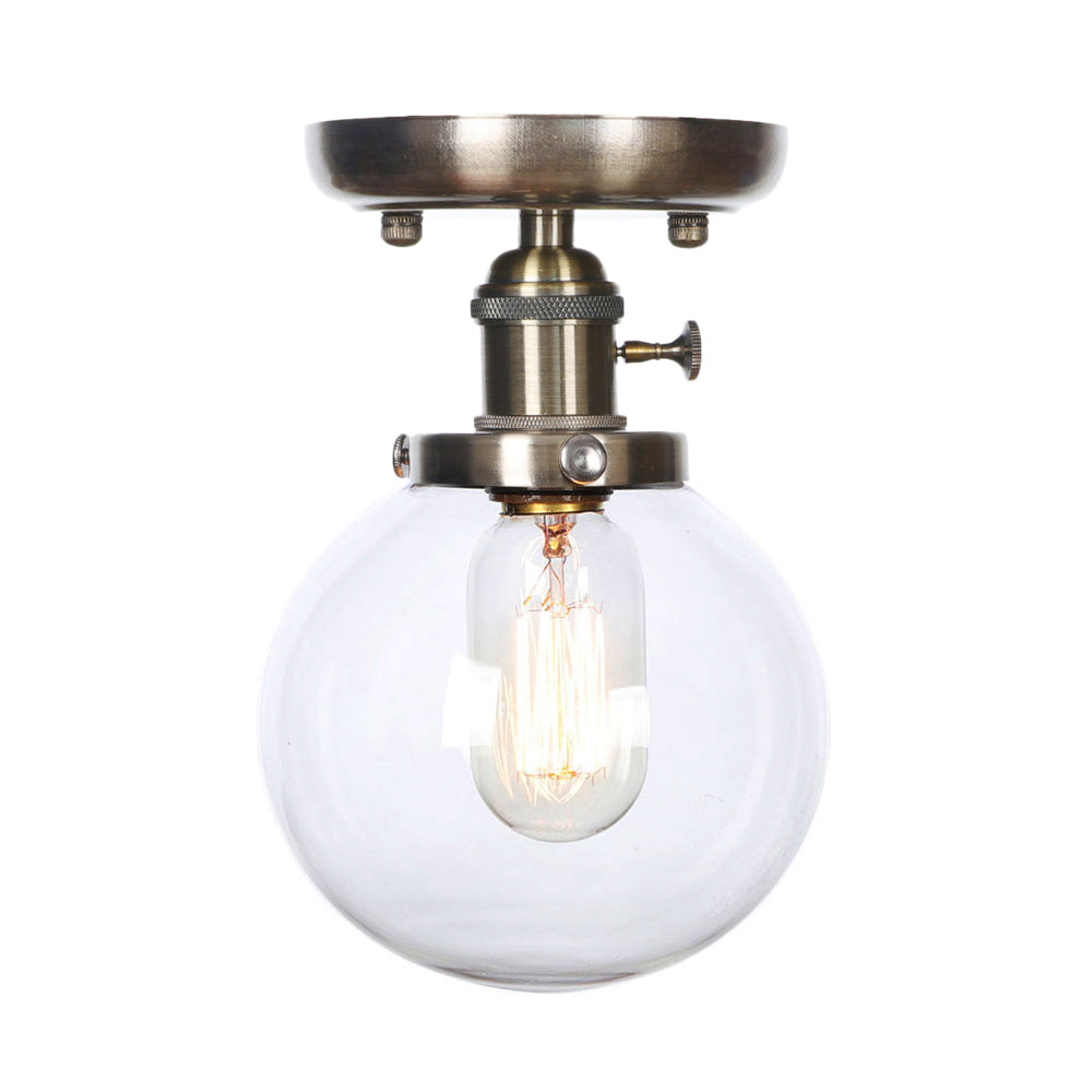 1 Light Globe/Round Semi Flush Light Industrial Bronze Clear/Amber Glass Lighting Fixture for Indoor Clearhalo 'Ceiling Lights' 'Close To Ceiling Lights' 'Close to ceiling' 'Glass shade' 'Glass' 'Semi-flushmount' Lighting' 209371