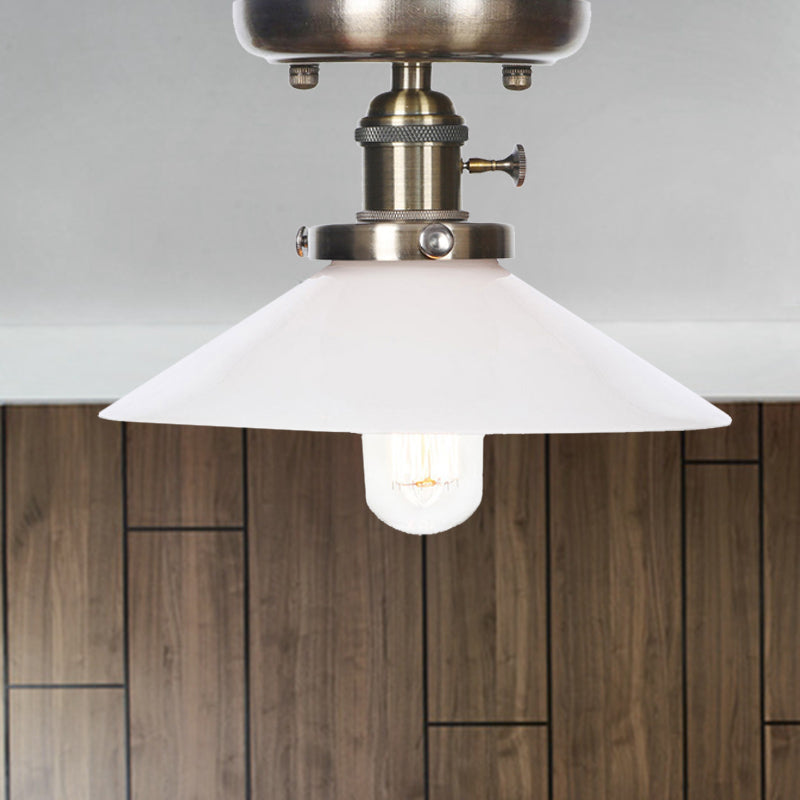 Cone/Saucer Metal Semi Flush Mount Industrial 1 Bulb Living Room Light Fixture in White/Clear White Cone Clearhalo 'Ceiling Lights' 'Close To Ceiling Lights' 'Close to ceiling' 'Semi-flushmount' Lighting' 209399