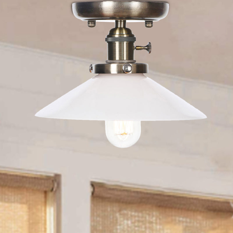 Cone/Saucer Metal Semi Flush Mount Industrial 1 Bulb Living Room Light Fixture in White/Clear Clearhalo 'Ceiling Lights' 'Close To Ceiling Lights' 'Close to ceiling' 'Semi-flushmount' Lighting' 209400