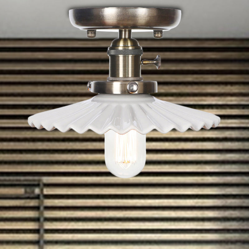 Cone/Saucer Metal Semi Flush Mount Industrial 1 Bulb Living Room Light Fixture in White/Clear White Saucer Clearhalo 'Ceiling Lights' 'Close To Ceiling Lights' 'Close to ceiling' 'Semi-flushmount' Lighting' 209403