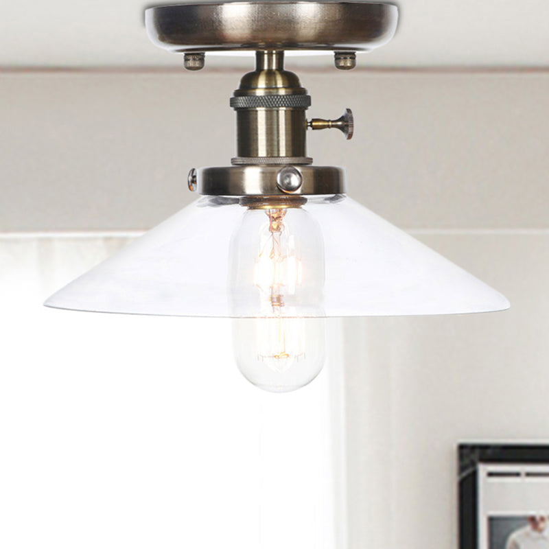 Cone/Saucer Metal Semi Flush Mount Industrial 1 Bulb Living Room Light Fixture in White/Clear Clear Cone Clearhalo 'Ceiling Lights' 'Close To Ceiling Lights' 'Close to ceiling' 'Semi-flushmount' Lighting' 209406