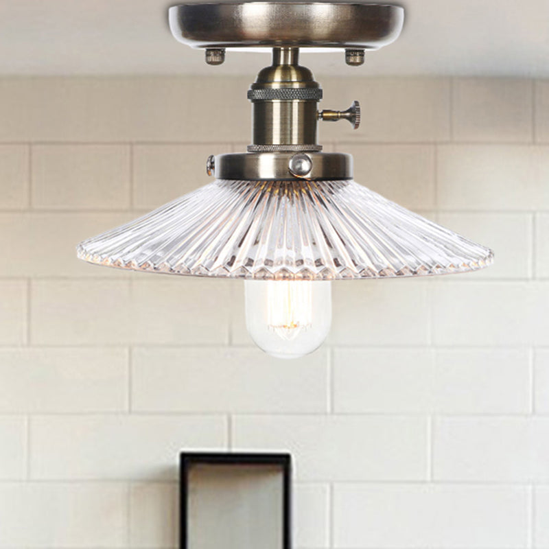 Cone/Saucer Metal Semi Flush Mount Industrial 1 Bulb Living Room Light Fixture in White/Clear Clear Saucer Clearhalo 'Ceiling Lights' 'Close To Ceiling Lights' 'Close to ceiling' 'Semi-flushmount' Lighting' 209409