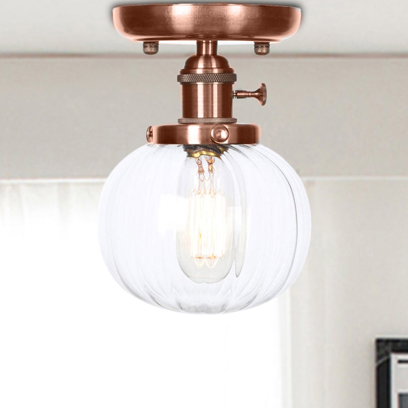 Globe/Round Clear/Amber Glass Semi Mount Lighting Industrial 1 Bulb Living Room Ceiling Light in Copper Clear Round Clearhalo 'Ceiling Lights' 'Close To Ceiling Lights' 'Close to ceiling' 'Glass shade' 'Glass' 'Semi-flushmount' Lighting' 209466