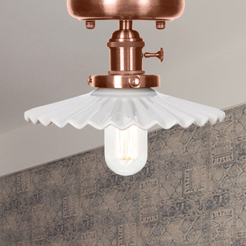 1 Light Opal/Clear Glass Semi Mount Lighting Industrial Antique Copper Cone/Saucer Indoor Ceiling Light White Saucer Clearhalo 'Ceiling Lights' 'Close To Ceiling Lights' 'Close to ceiling' 'Glass shade' 'Glass' 'Semi-flushmount' Lighting' 209498